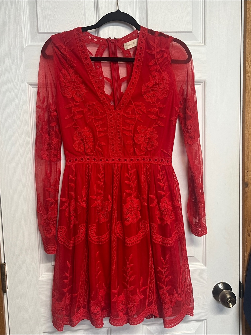 Altar'd State Red Floral Embroidered Long-Sleeve Dress